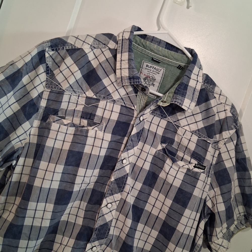 Buffalo David Bitton Shirt Mens L Blue Plaid Pearl Snap Button Western Casual